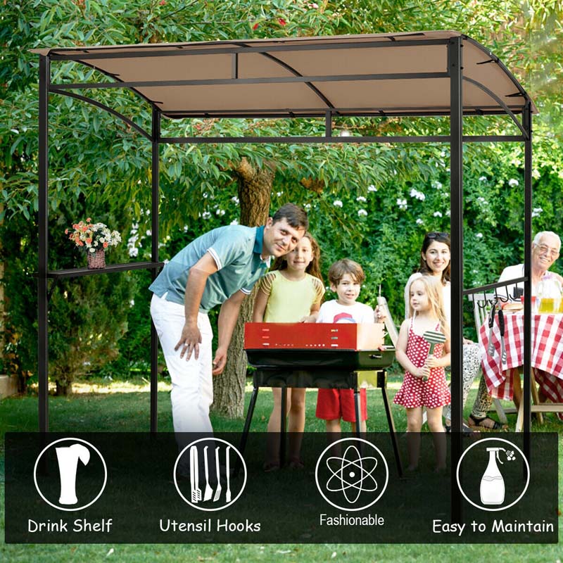 7 x 4.5 FT Outdoor Patio Grill Gazebo, Curved Grill Shelter BBQ Canopy with Serving Shelf & Storage Hooks