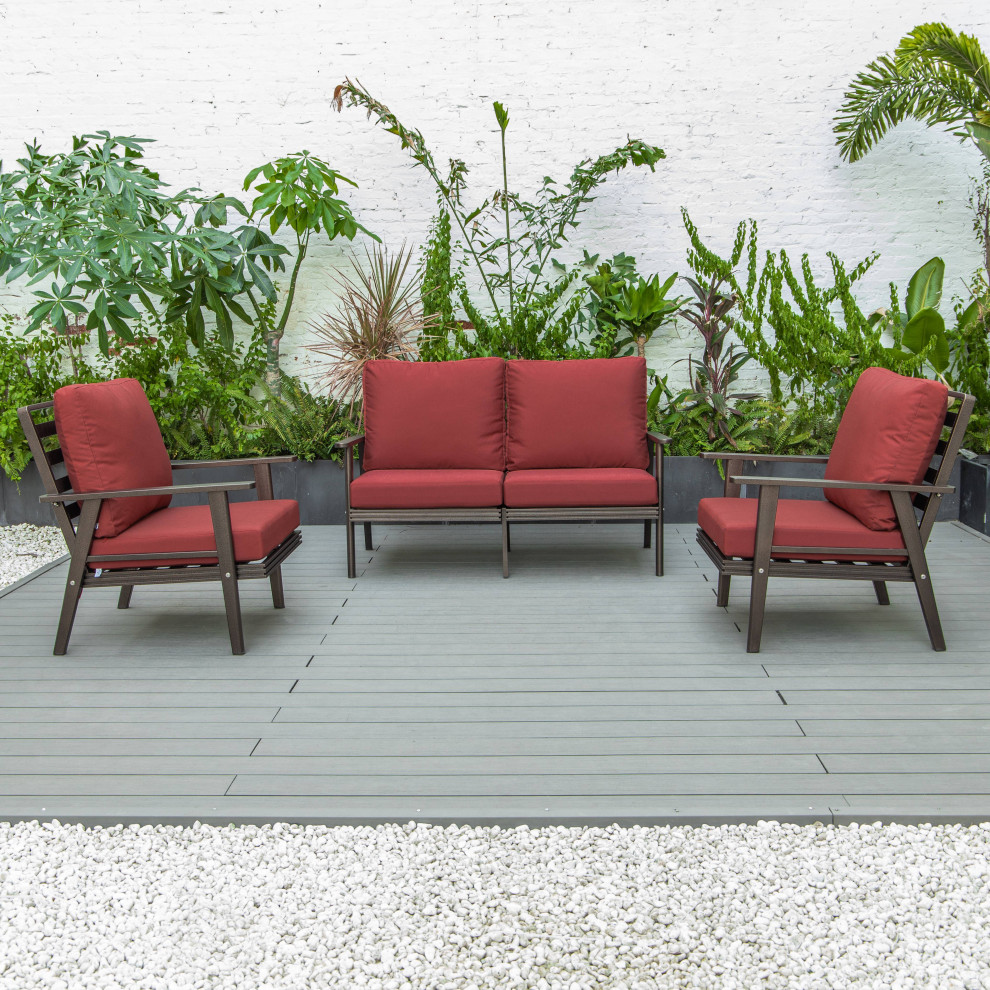 LeisureMod Walbrooke 3 Piece Patio Set With Brown Aluminum Frame and Cushions   Contemporary   Outdoor Lounge Sets   by LeisureMod  Houzz