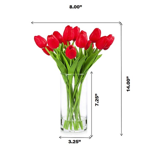 Enova Home Artificial Real Touch Tulips Fake Silk Flowers Arrangement in Clear Glass Vase with Faux Water for Home Decoration