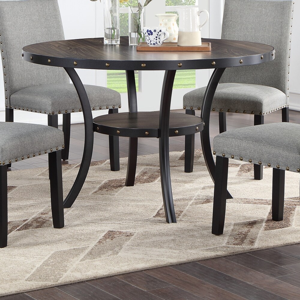 Wooden Round Dining Table with Nailheads and Storage Shelve