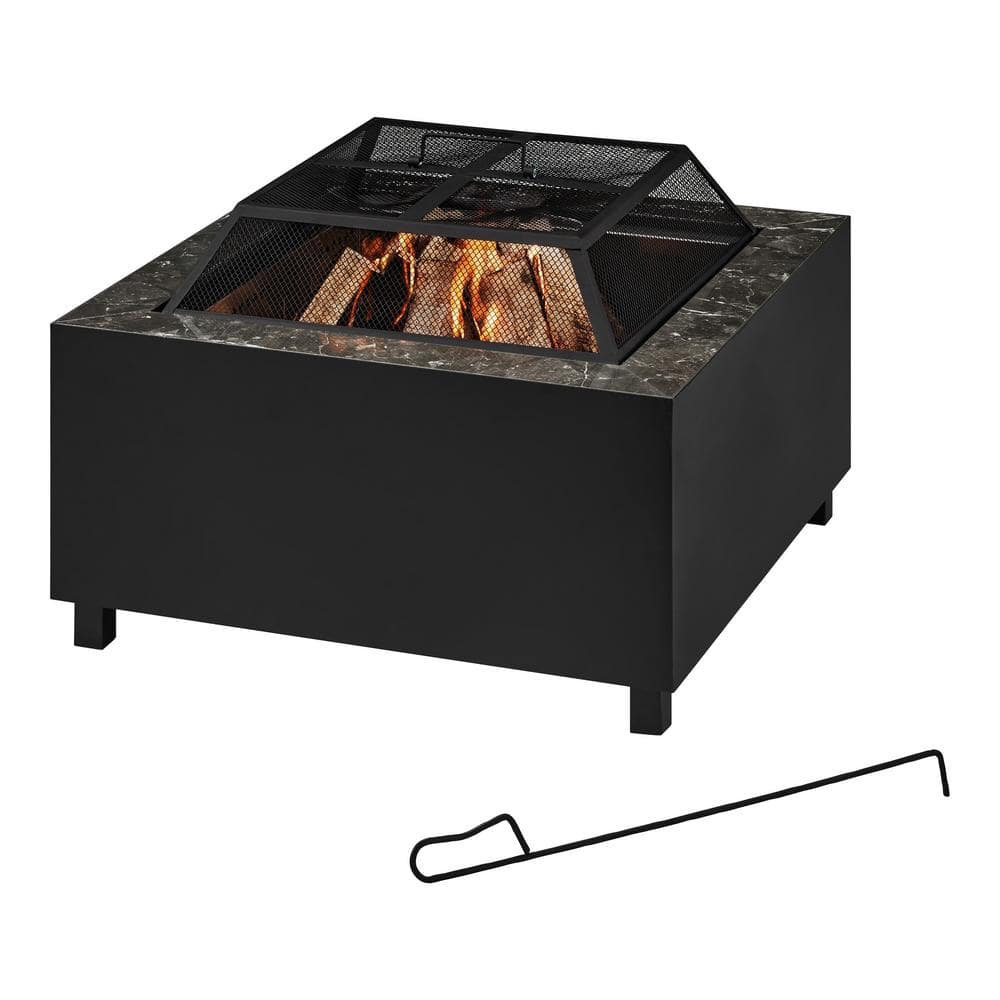 Hampton Bay Nickleby 33 in. Cube Steel Black Low Smoke Wood Burning Fire Pit with Stainless Steel Bowl and Black Marble Tile Top 2391FP-2