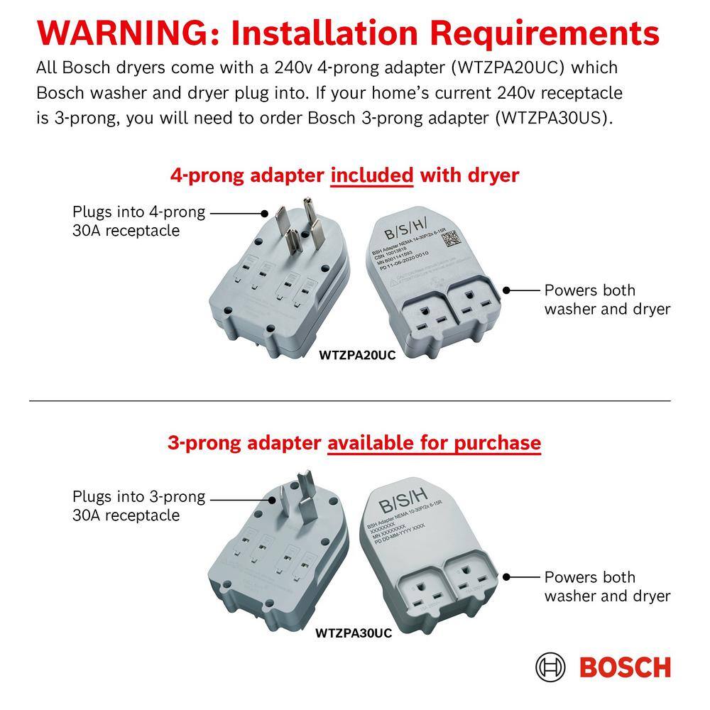 Bosch 300 Series 4 cu. ft. 240-Volt White Stackable Electric Ventless Condensate Compact Dryer ENERGY STAR WTG86403UC