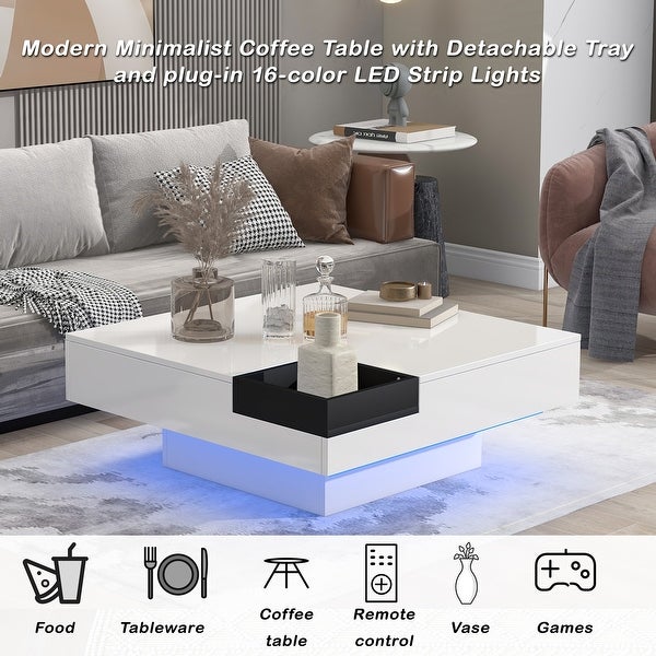 Modern Square Coffee Table with Plug-in 16-color LED Strip Lights