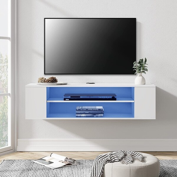 White Floating TV Stand with Colorful LED Lights， Floating Entertainment Center Wall Mounted， Floating TV Media Console