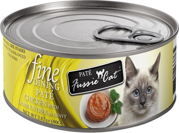 Fussie Cat Fine Dining Pate Chicken with Lamb Entrée Wet Cat Food， 2.82oz can， case of 33