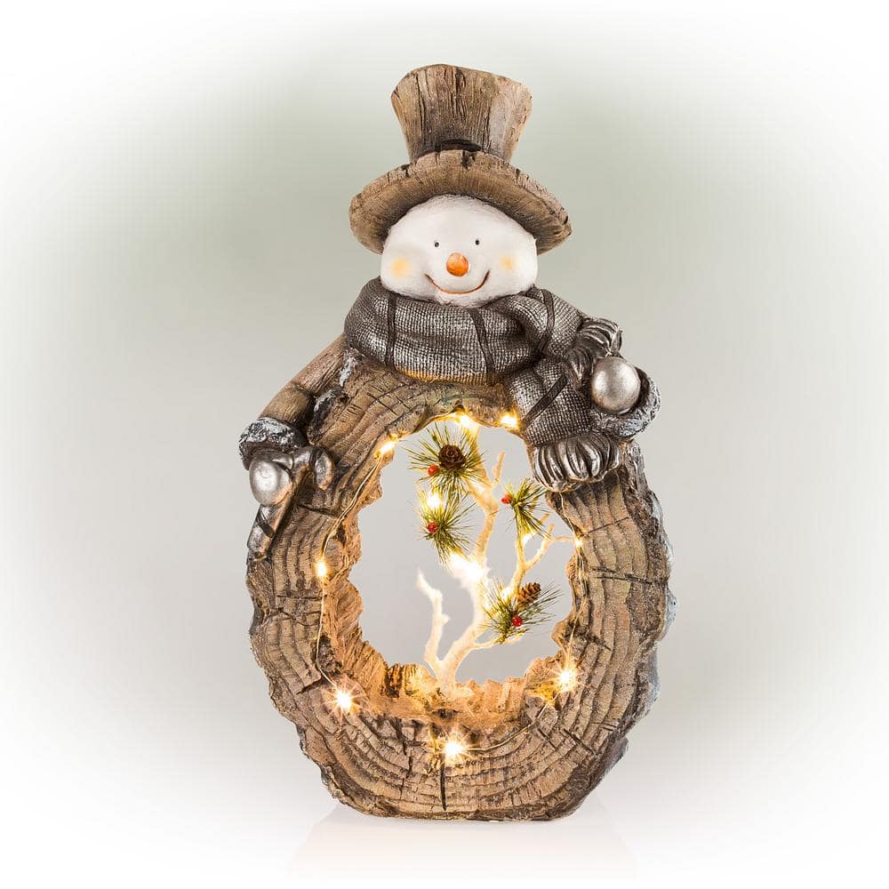 Alpine Corporation 21 in. Tall Snowman Statue with Carved Wood Look and LED Lights MZP478