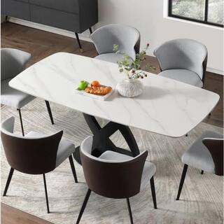 FORCLOVER 71 in. Rectangular Luxury Modern White Stone Dining Table with Solid Black Carbon Steel Base for Dining Room (Seats 8) MONMUCF-07DT01