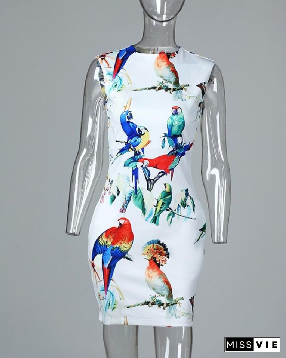 Sleeveless Bird Print Casual Dress