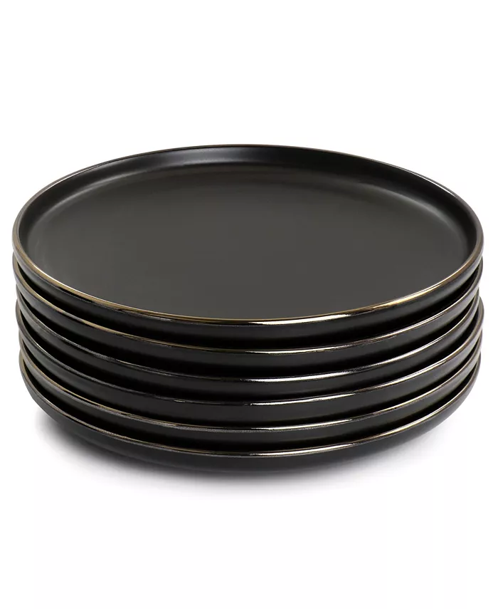 Elama Flat Raised Rim Gold-Tone Trim Mateo 6 Piece Stoneware Salad Plate Set Service for 6