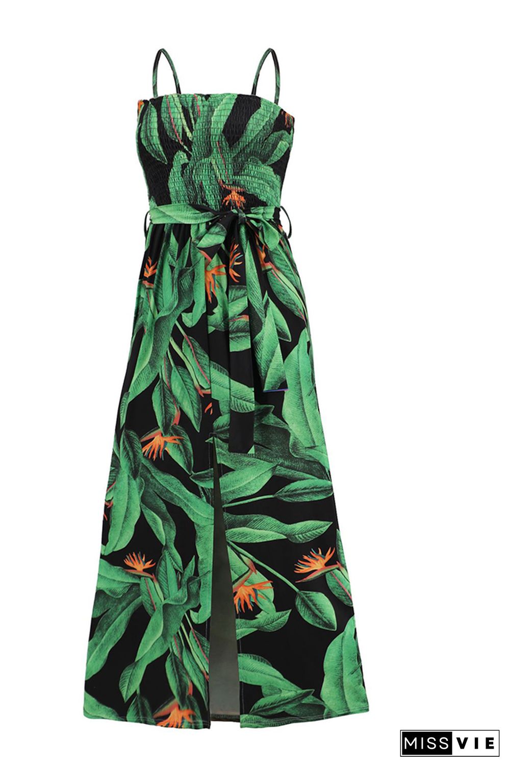 Tropical Print Smocked Top Spagetti Strap Maxi Dress