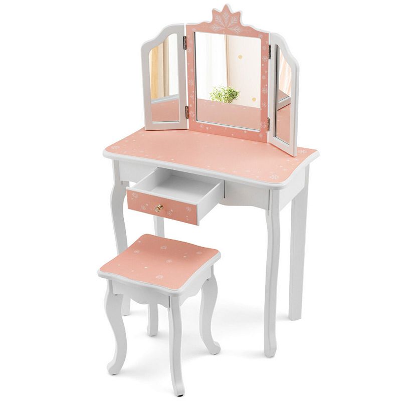 Princess Vanity Table and Chair Set with Tri-Folding Mirror and Snowflake Print