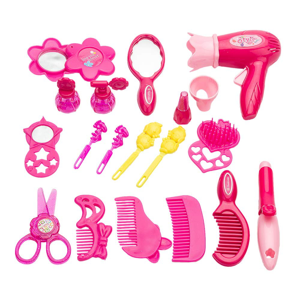 RNKR Girl Makeup Kit - Kids Real Washable Play Makeup Toy for Toddler Gifts Age 2 3 4 5 6 7， Hairdryer， Brush，Mirror and Styling(17pcs)