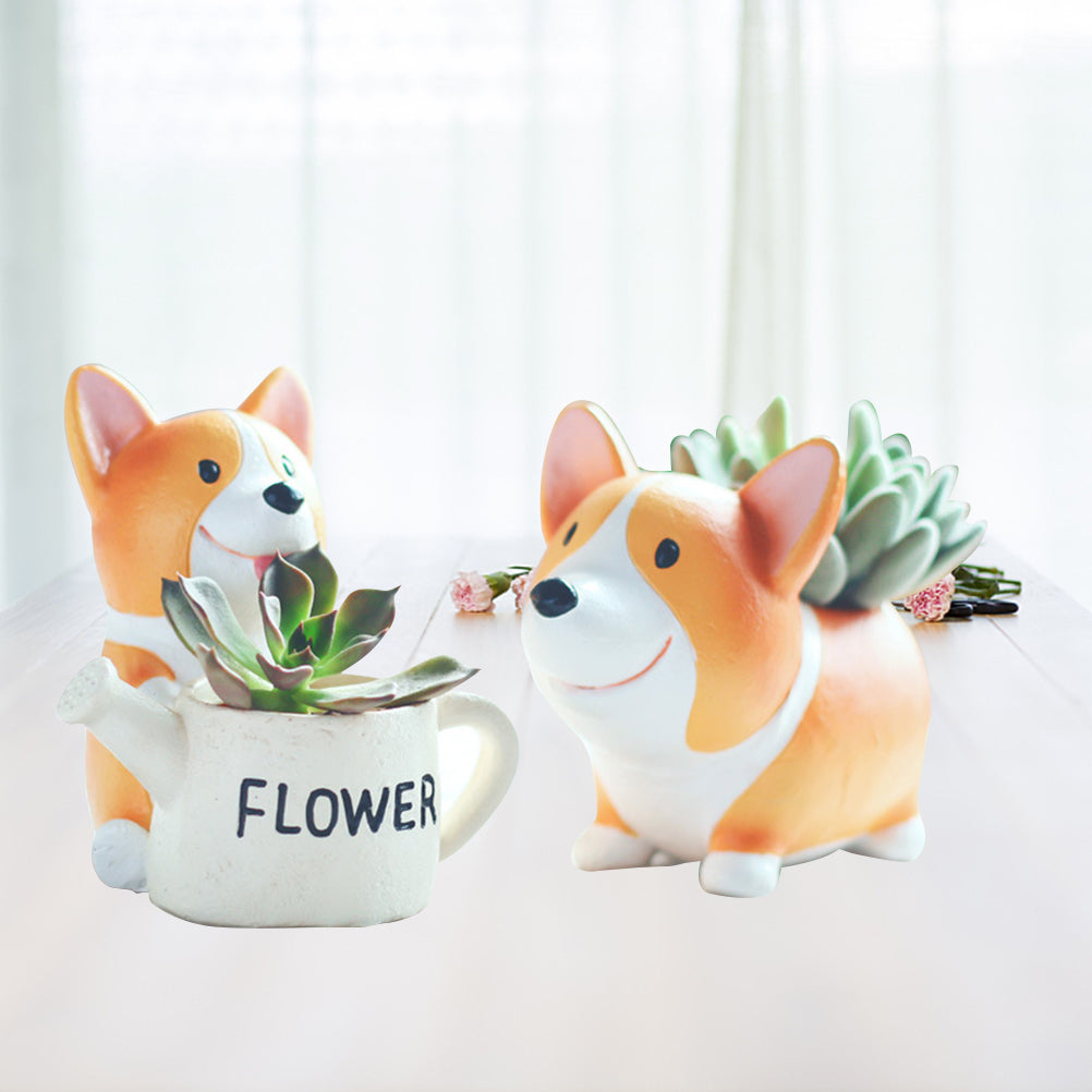 2pcs Resin Corgi Flower Pots Succulent Planter Nursery Pot Home Decoration for Garden Balcony Random Style