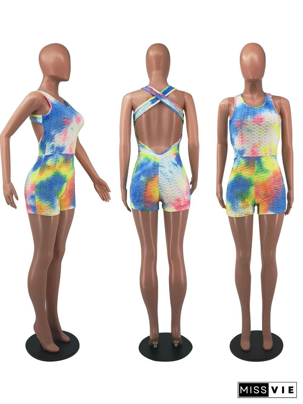 Summer Women Sexy Tie Dye Print Sleeveless Hollow Out Backless O-Neck Bodycon Rompers