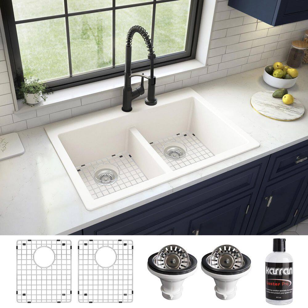 Karran QT-810 QuartzGranite 33 in. Double Bowl 5050 Top Mount Drop-in Kitchen Sink in White with Bottom Grid and Strainer QT-810-WH-PK1