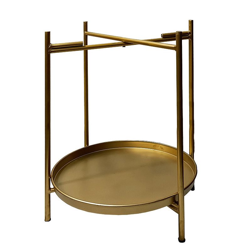 20 Inch High Round Side End Table with 2 Tier Iron Frame， Matte Gold