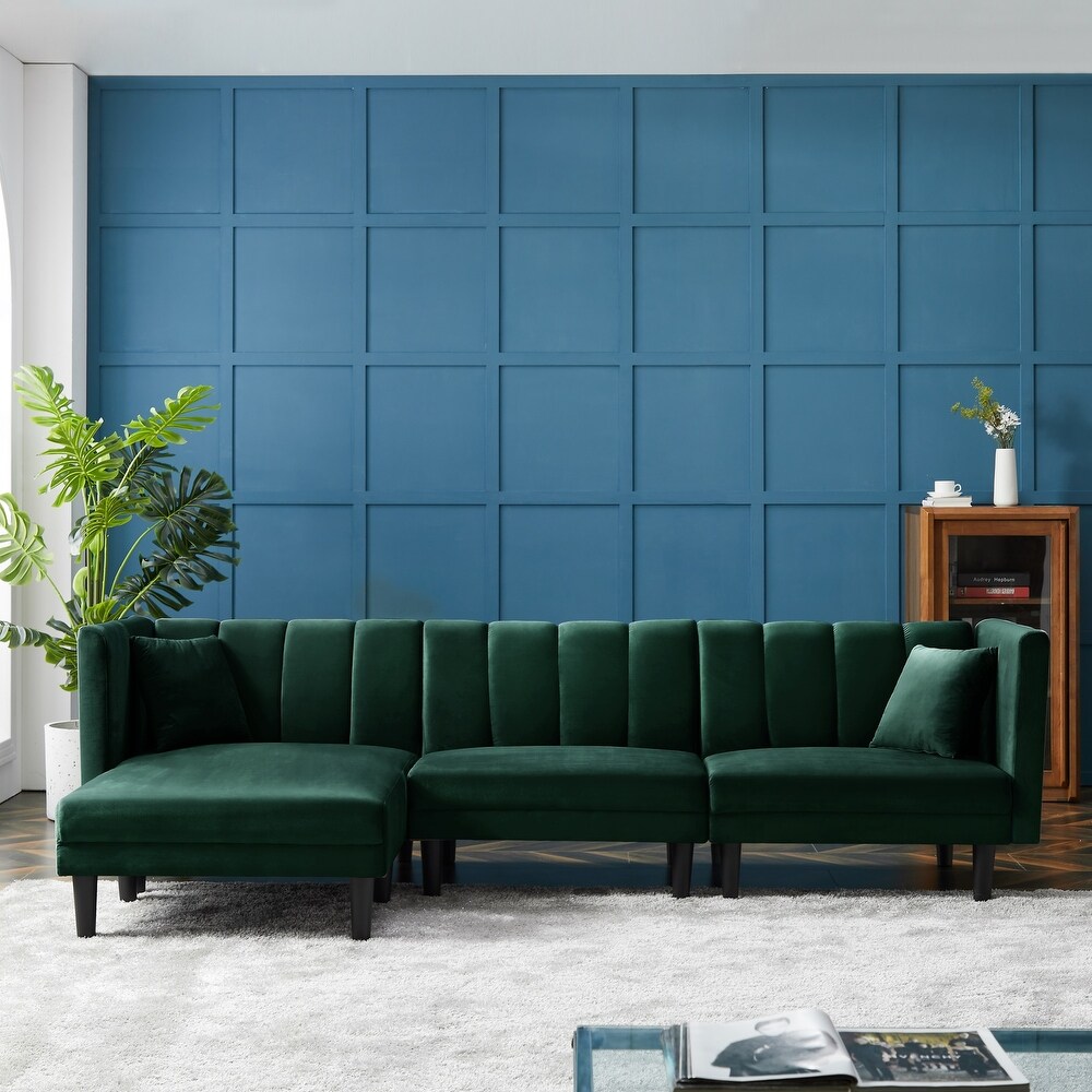 Dark Green Velvet Reversible Sectional Sofa with Sleeper