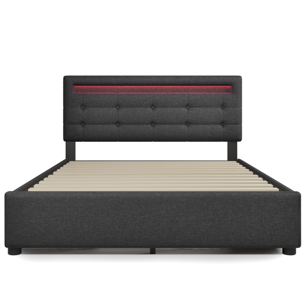 Bed Frame Full Size  Upholstered Platform Bed w/ Pull out Drawer   LED Adjustable Buttons Tufted Headboard  No Box Spring Needed