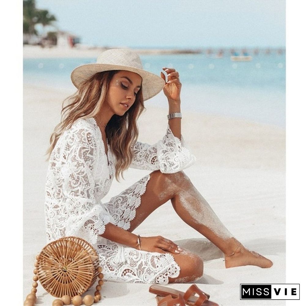 New Women Summer Fashion Hollow Out Beach Coat V-Neck Lace Dresses Bikini Blouse Sun Protection Clothing