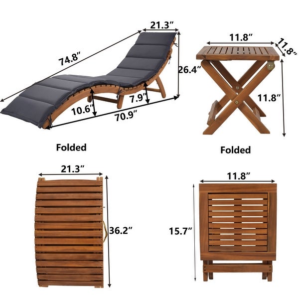 Wood Extended Chaise Lounge Set with Foldable Tea Table