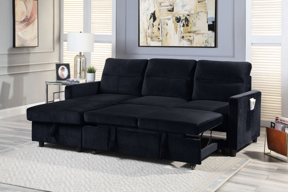 Ivy Black Velvet Reversible Sleeper Sectional Sofa  Storage Chaise  Side Pocket   Transitional   Sleeper Sofas   by Lilola Home  Houzz