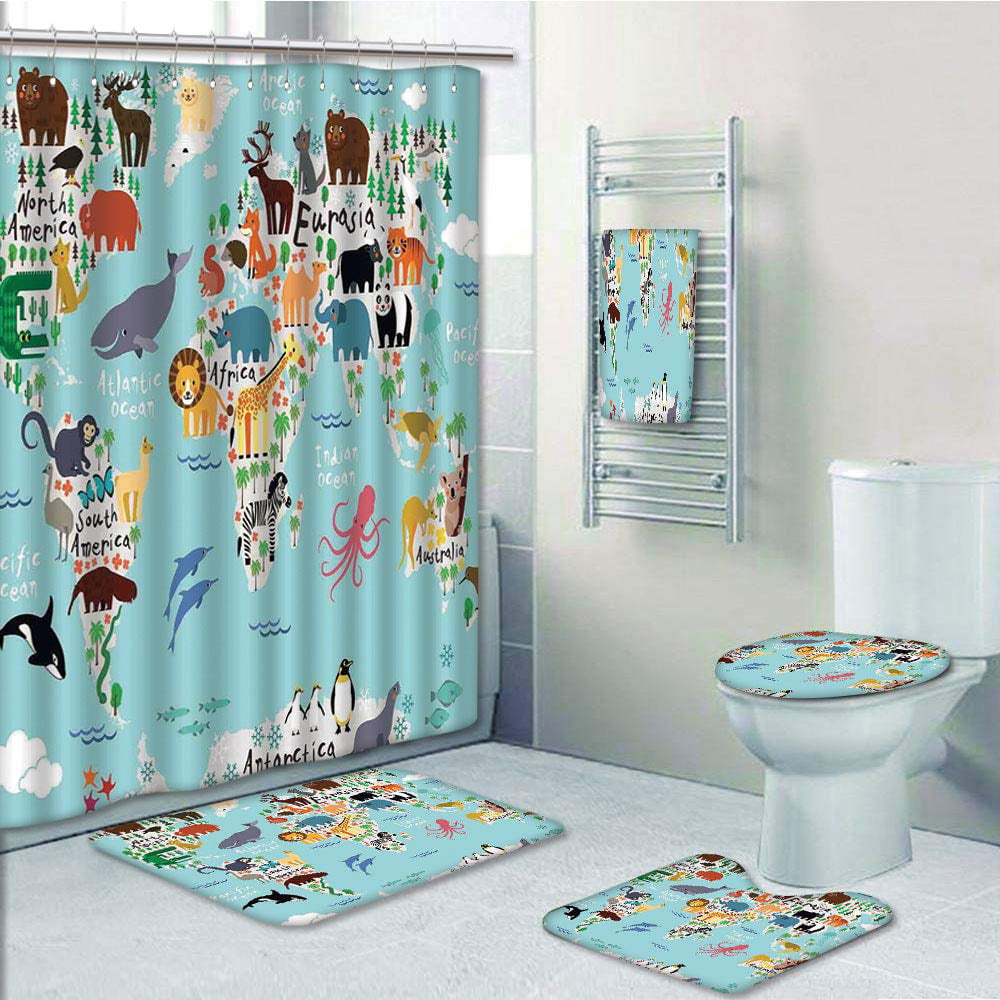 PRTAU Kids Educational World Map Africa Camel America Lama Alligator Ocean Australia Koala 5 Piece Bathroom Set Shower Curtain Bath Towel Bath Rug Contour Mat and Toilet Lid Cover