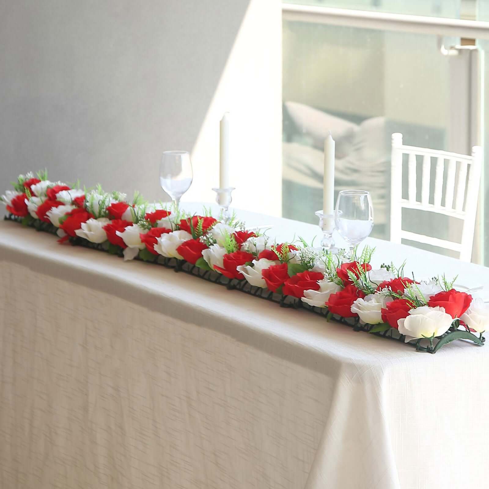 6 Pack Red Ivory Silk Rose Flower Panel Table Runner, Artificial Floral Arrangements Dining Table Decor - 20