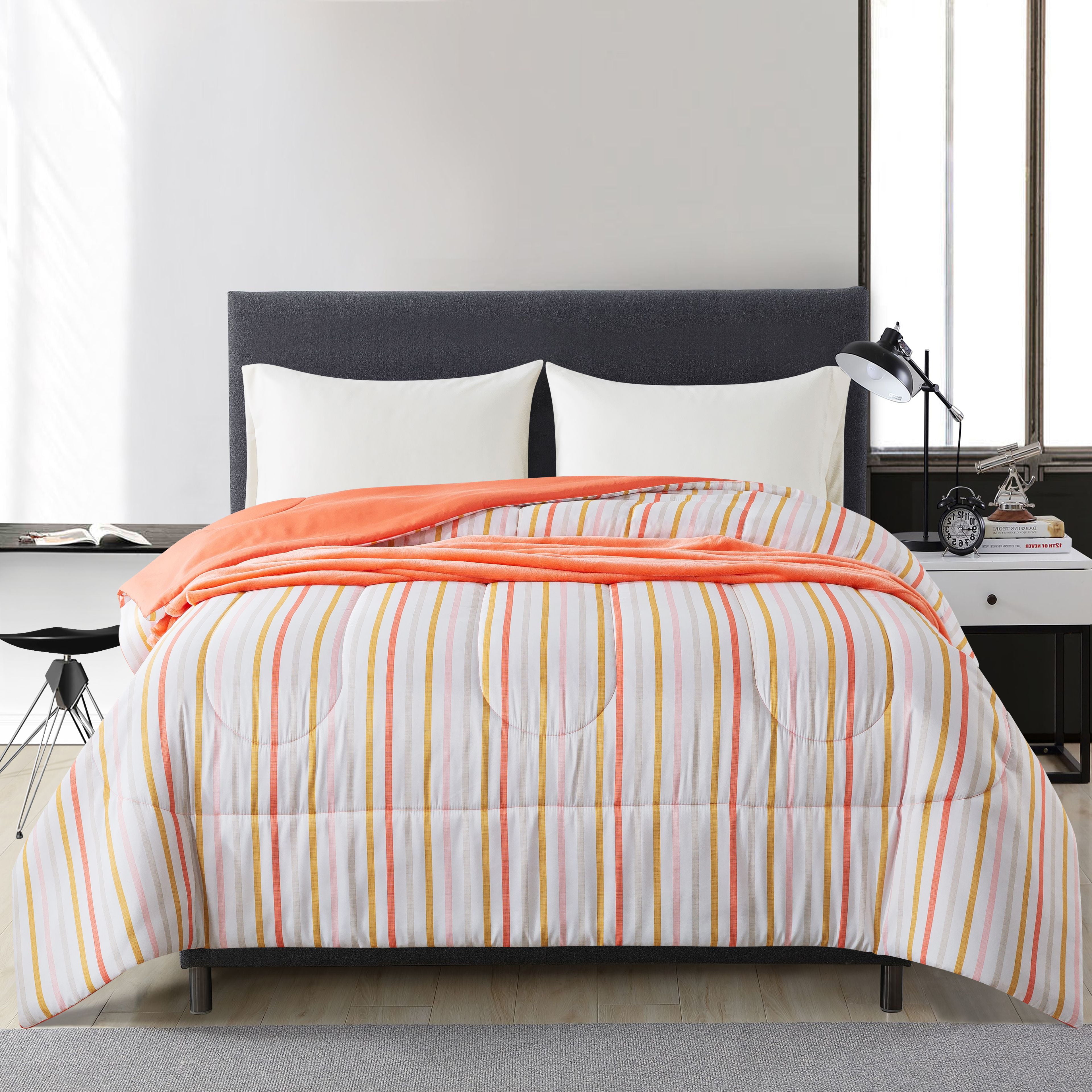 Mainstays Coral Stripe 4 Piece Bed in a Bag Comforter Set with Sheets and Plush Throw， Twin XL