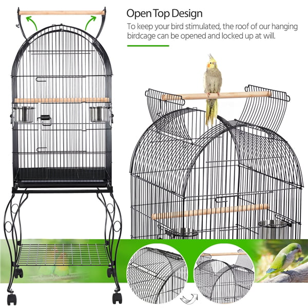 SMILE MART Metal Rolling Bird Cage with 2 Feeders and 2 Wooden Perches， Black