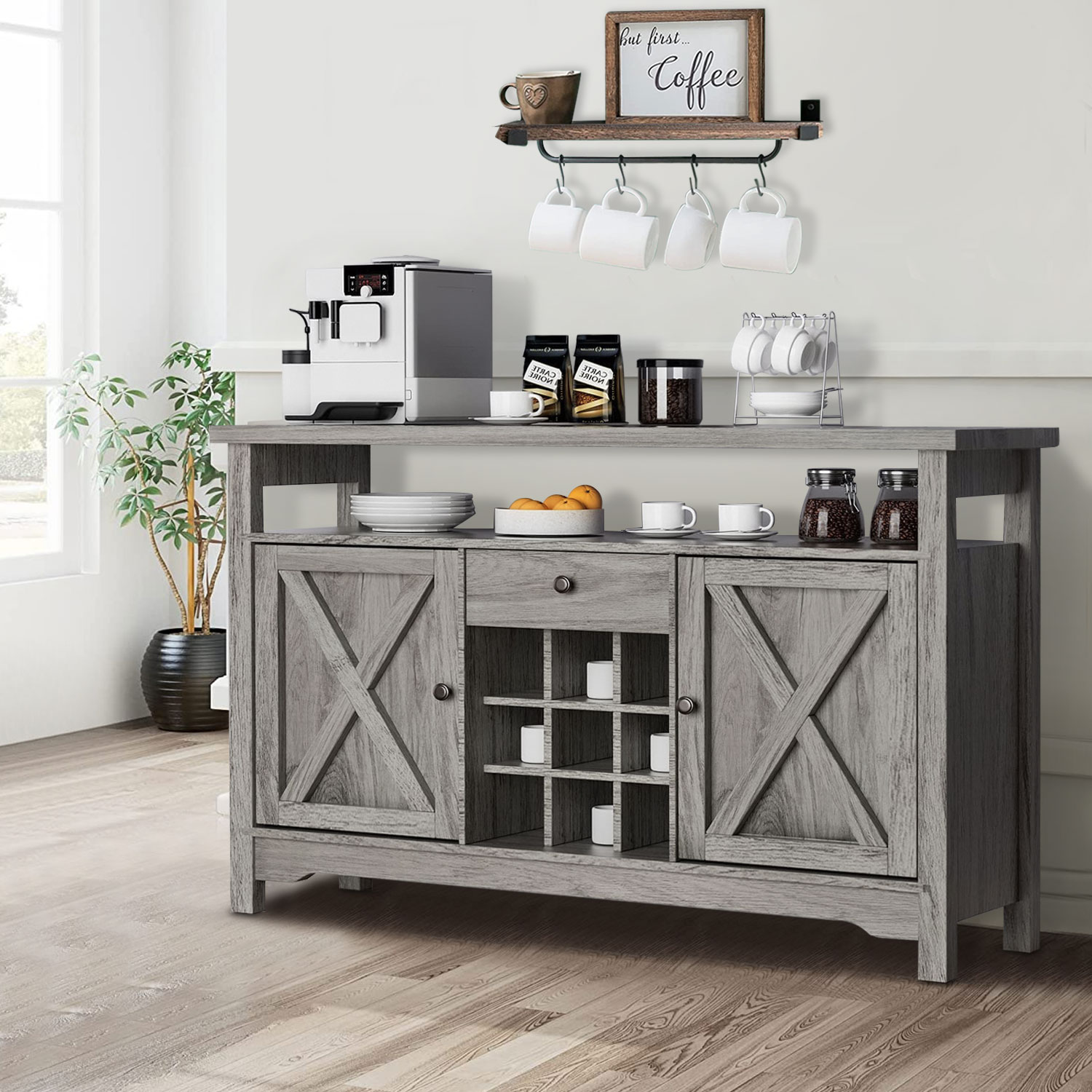 Farmhouse Coffee Bar Cabinet with Storage， 47 Kitchen Sideboard Buffet Storage Cabinet with Barn Door， Wine Bar Cabinet with Wine Rack， Gray