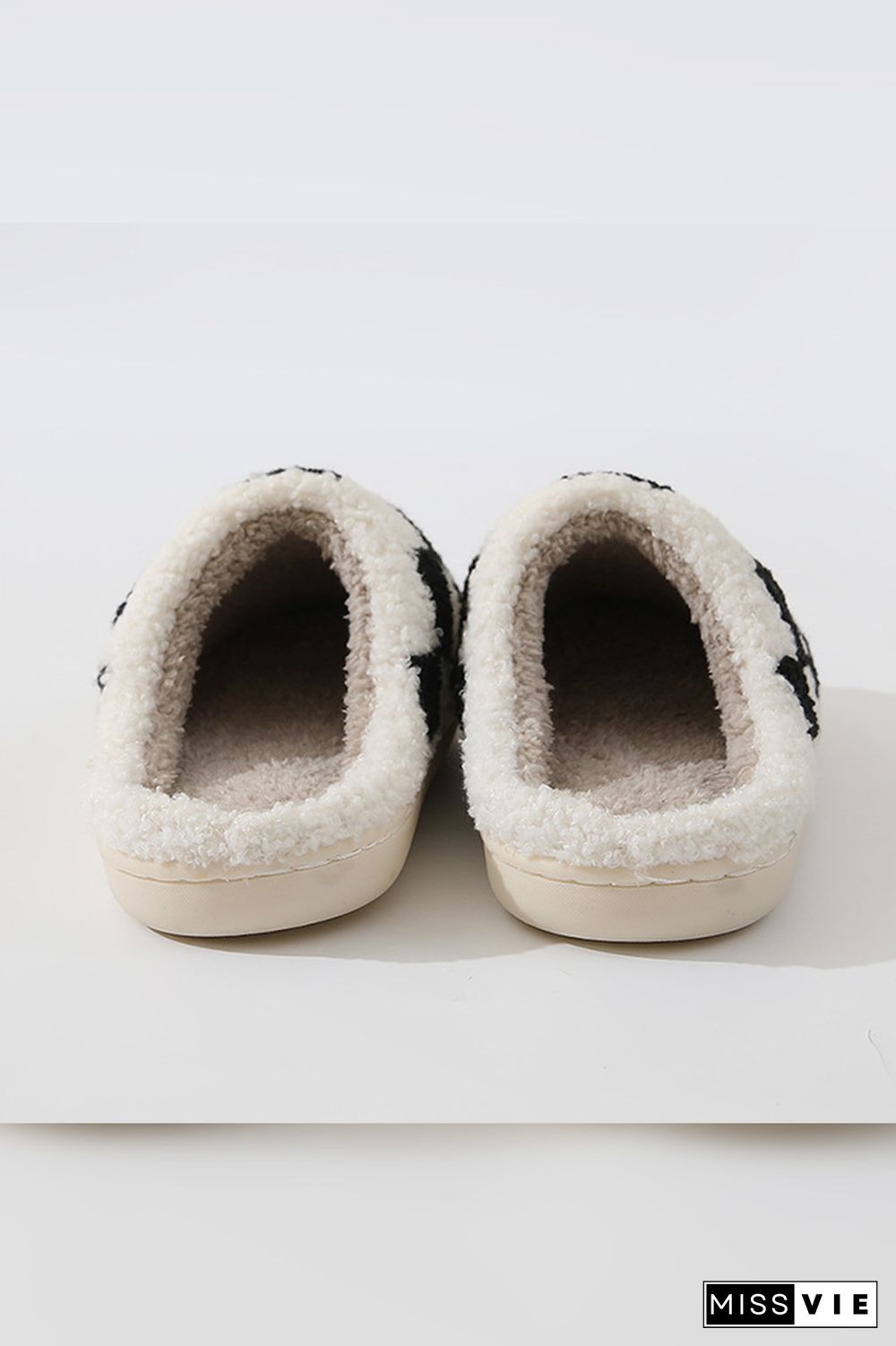 Black/White Checked Knit Fluffy Slippers