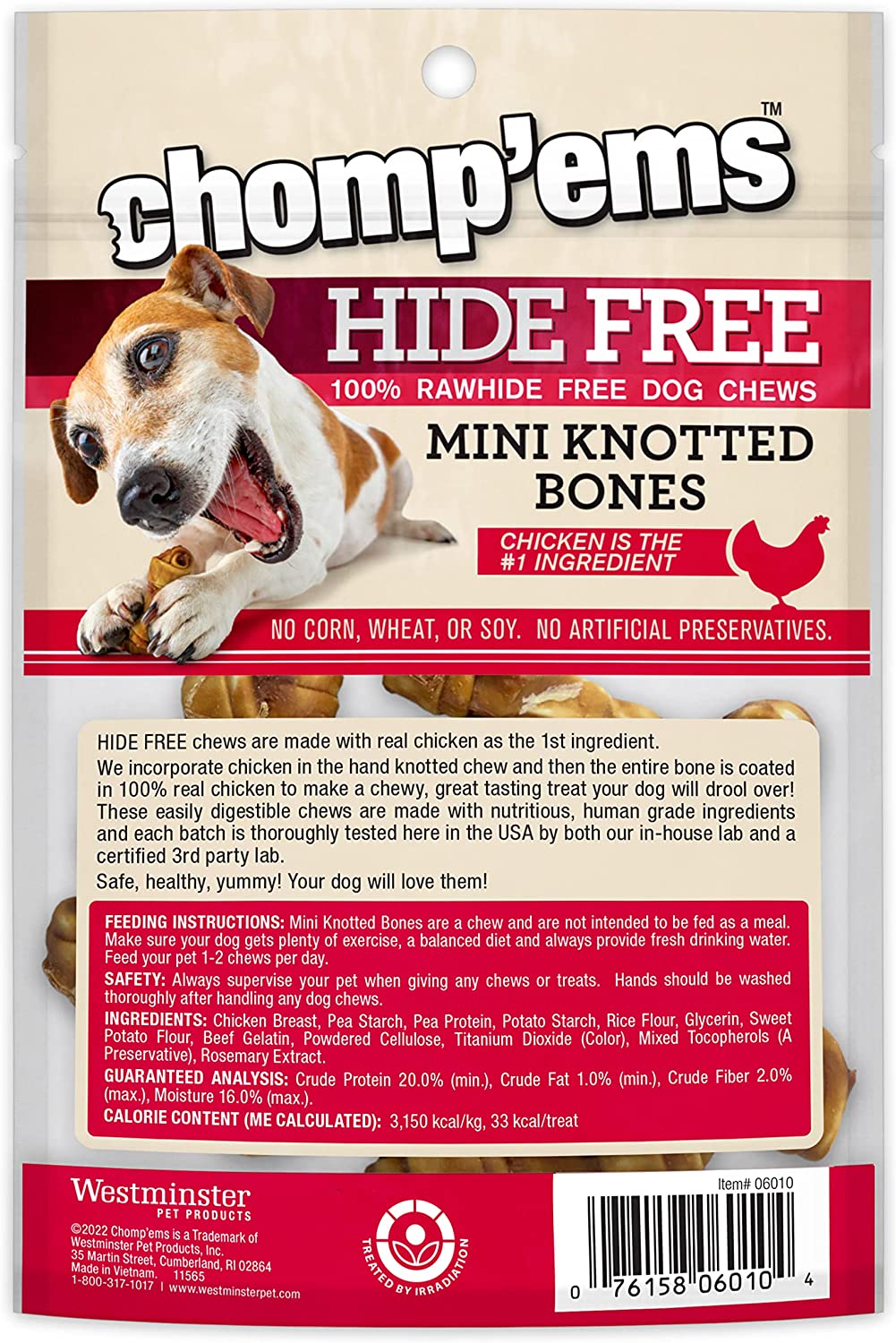 Chomp 'ems Chicken Hide Free Dog Chews - Rawhide Free Dog Treats - No Hide Alternative Chew Treat for All Life Stages， Bone， 2