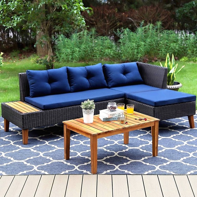 3pc Outdoor Acacia Wood Conversation Set With Sectional Sofa amp Cushions Captiva Designs