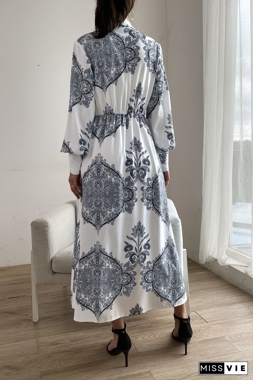 Puffy Sleeves Paisley Print Open Button Maxi Dress