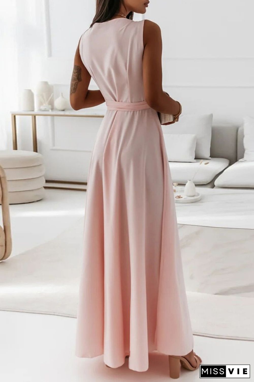 Pink Casual Solid Frenulum V Neck Long Dress Dresses