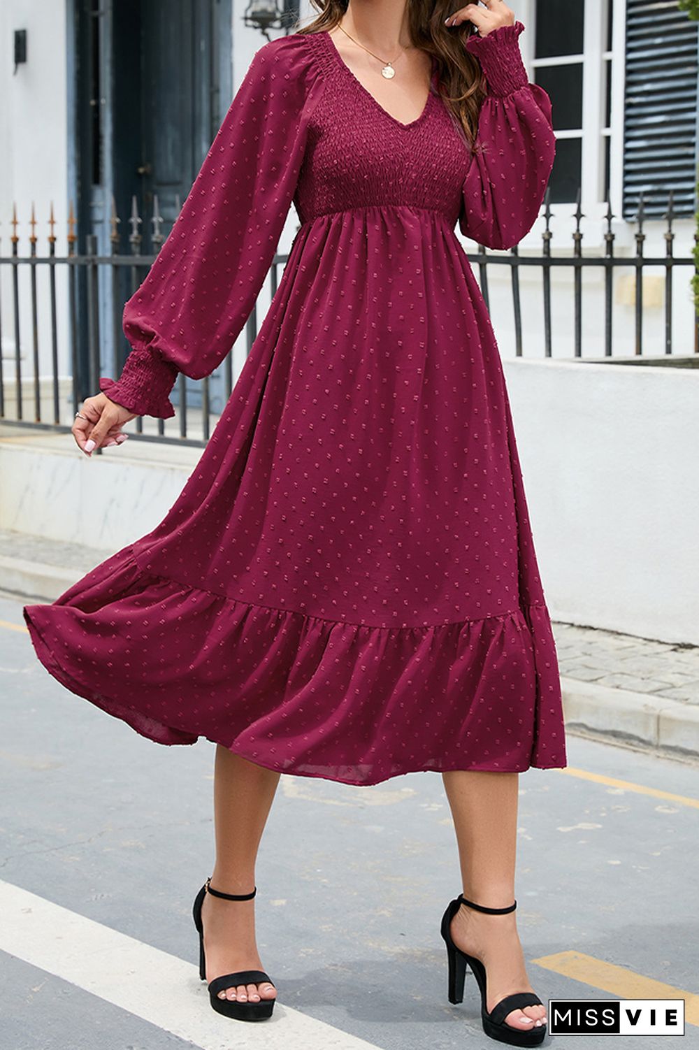 V Neck Smocked Swiss Dot Ruffles Midi Dress