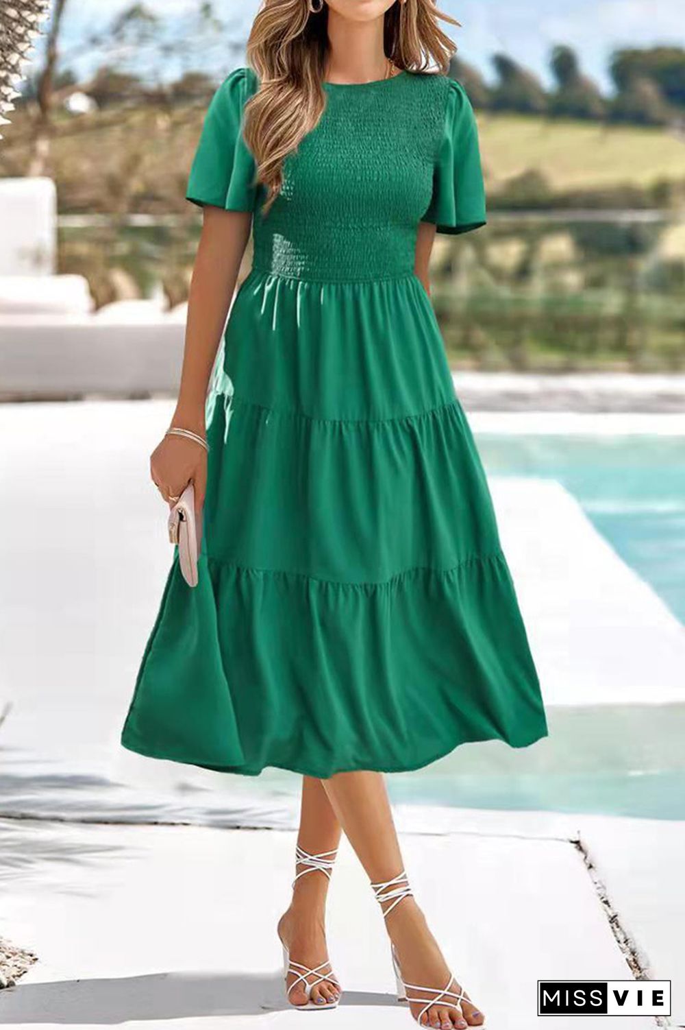 Plain Smocked Puff Tiered Maxi Dress