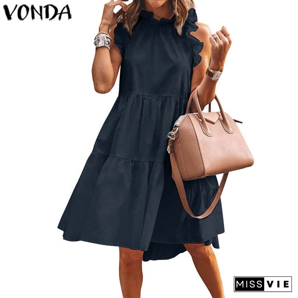 Summer Short Dress Women Sexy Sleeveless Ruffled Dress Beach Holiday Sundress VONDA Bohemian Vestidos Plus Size Robe Femme