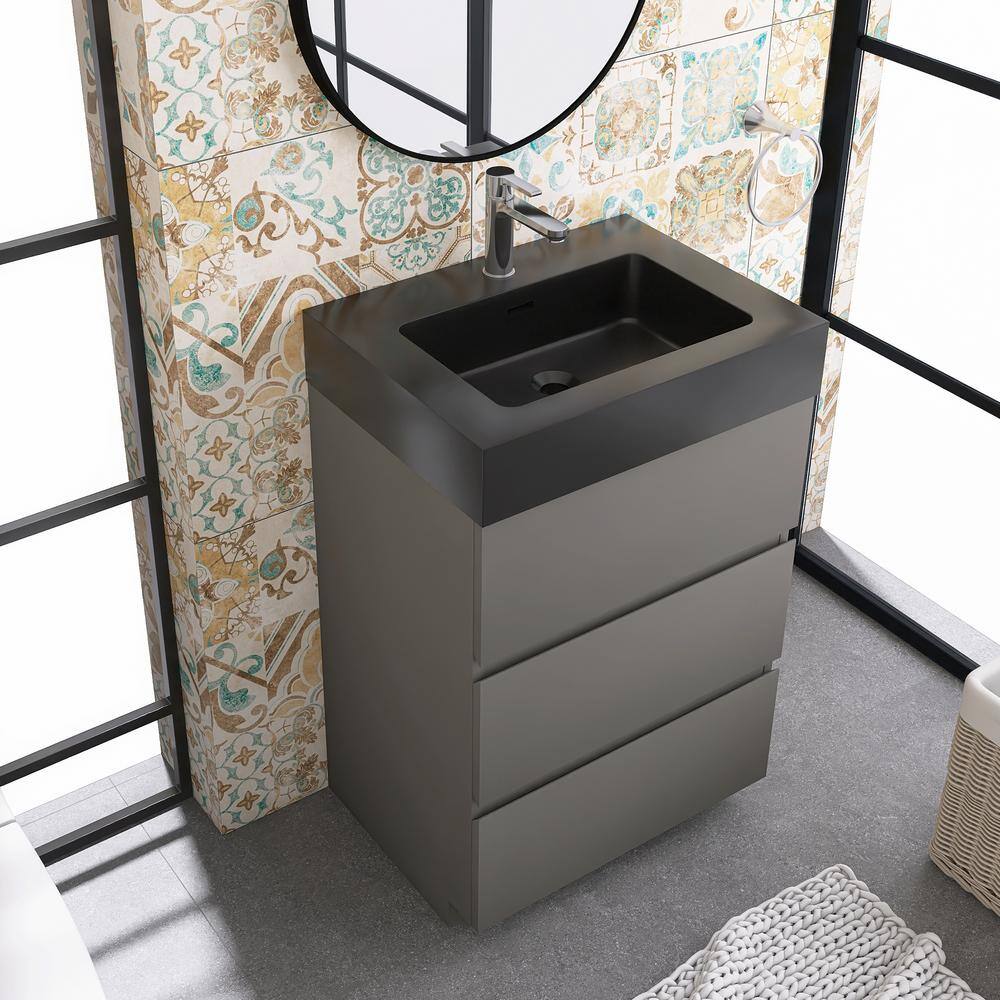 JimsMaison 24 in. W x 18 in. D x 37 in. H Freestanding Bath Vanity in Grey with Black Solid Surface Top Alice-F24GRB