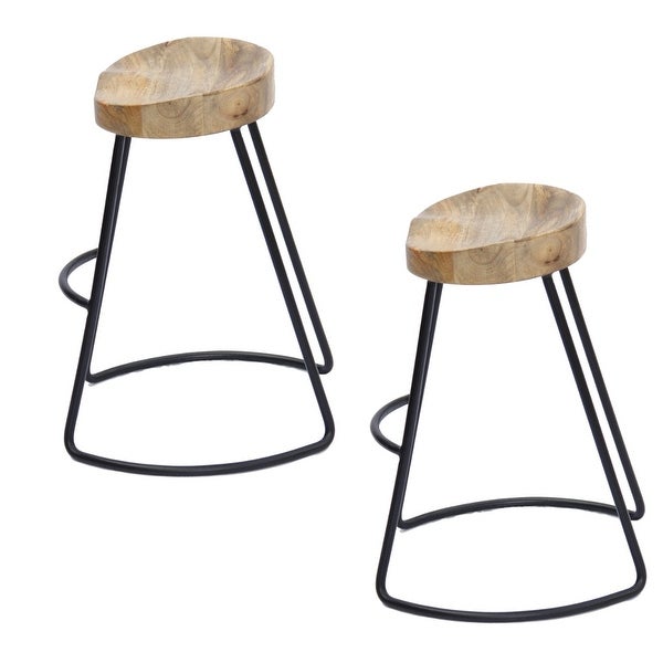 Ela 30 Inch Mango Wood Industrial Barstool， Saddle Seat， Iron Frame， Set of 2， Brown， Black