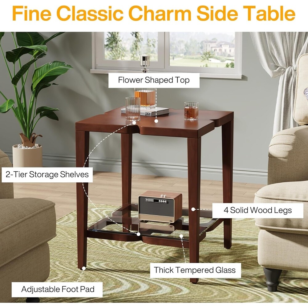 Wood Side Table  2 Tier End Table with Tempered Glass  Bedside Table