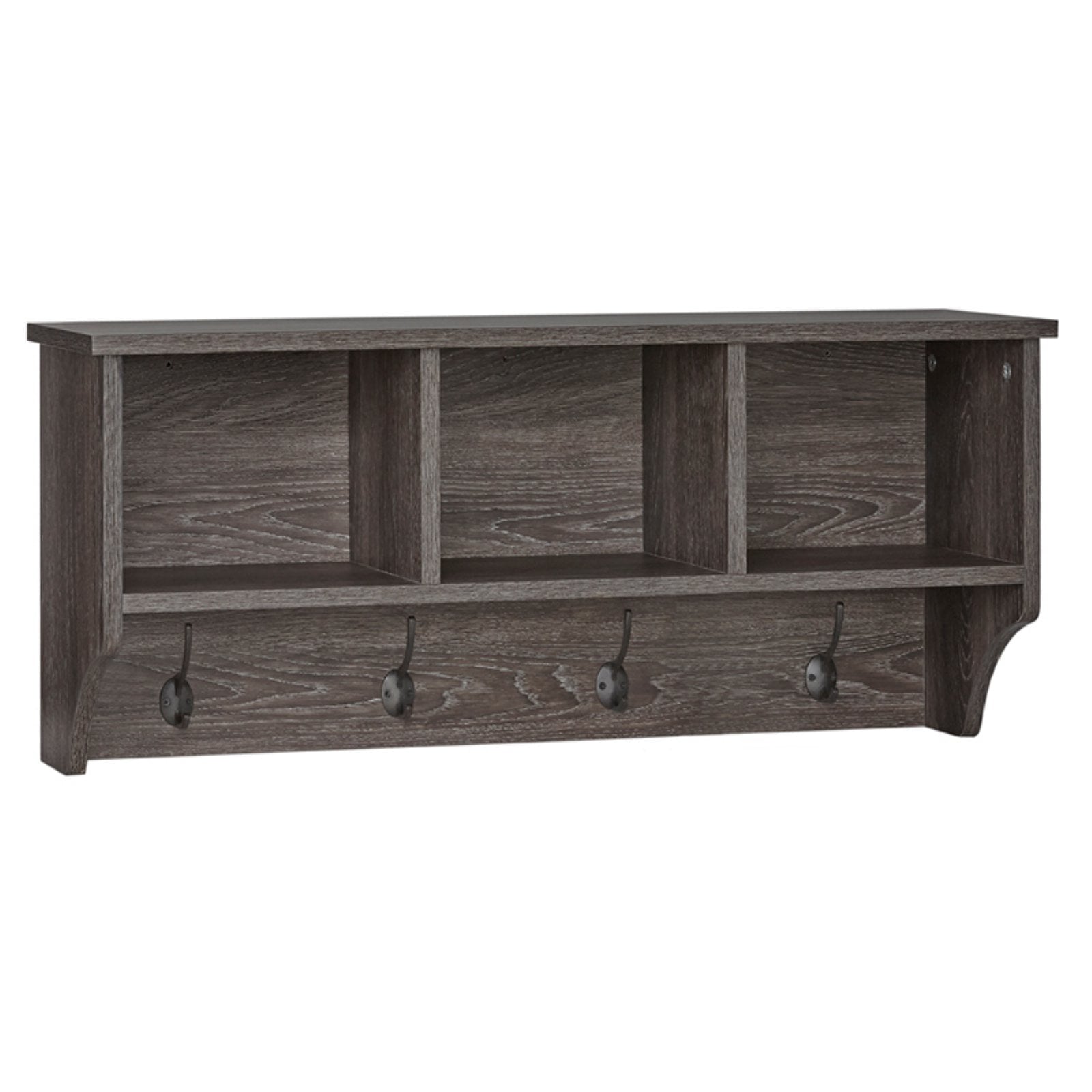 RiverRidge Home Woodbury Collection Wall Shelf with 3 Cubbies and 4 Double Hooks in Dark Weathered Woodgrain