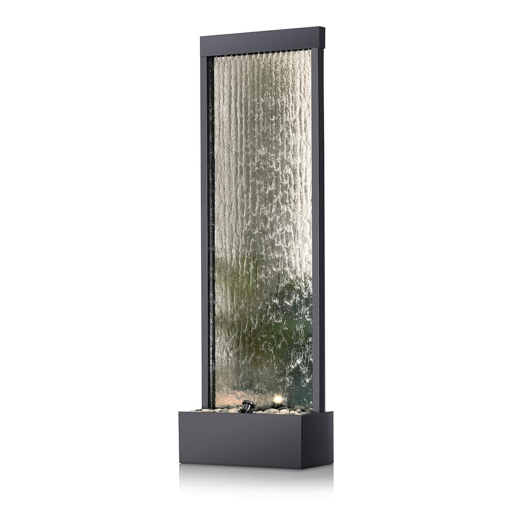 Alpine Corporation 72 in. Tall Indoor/Outdoor Mirror Zen Waterfall Fountain with Stones and Lights, Silver MLT102