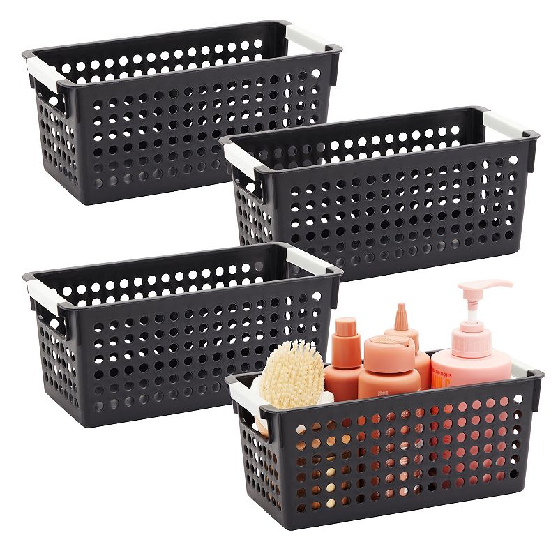 Black Plastic Baskets with Handles for Bathroom， Laundry Room， Closet Organization (4 Pack)