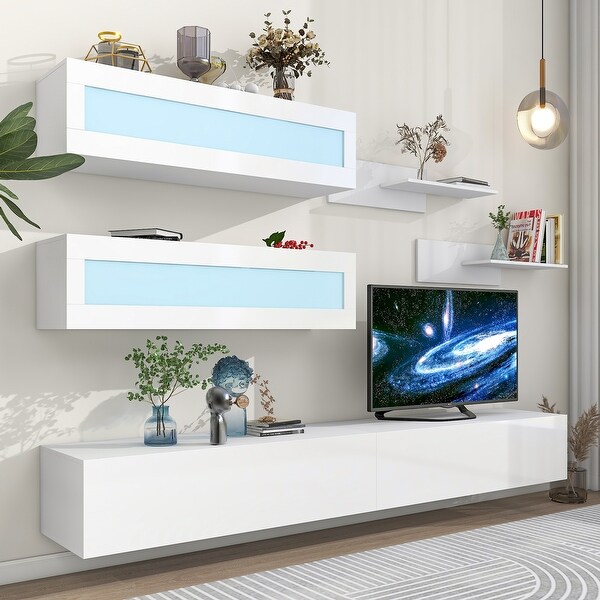 95''W High Gloss RGB LED Wall Mount Floating DIY TV Stand with Modular Assembly