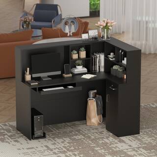 FUFUGAGA 55.9 in. L Shaped Black Wood Computer Desk with 5-Shelves Drawer and Cabinet Writing Table Workstation Reception Desk WFKF210088-02