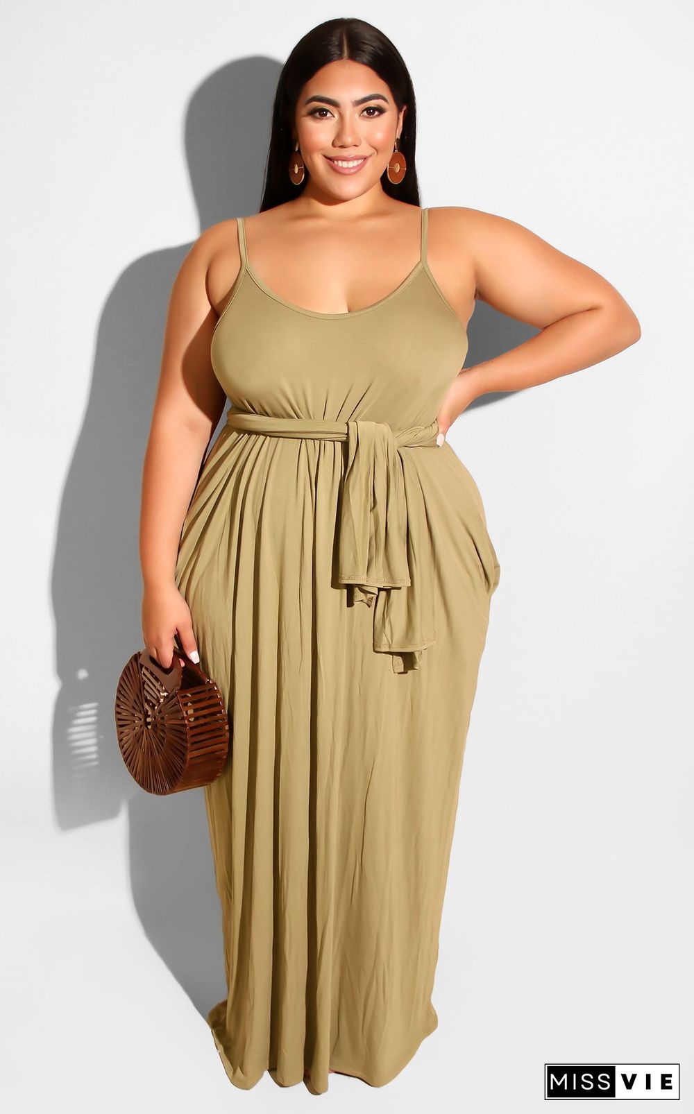 Solid Sling Loose Sashes Plus Size Maxi Dress