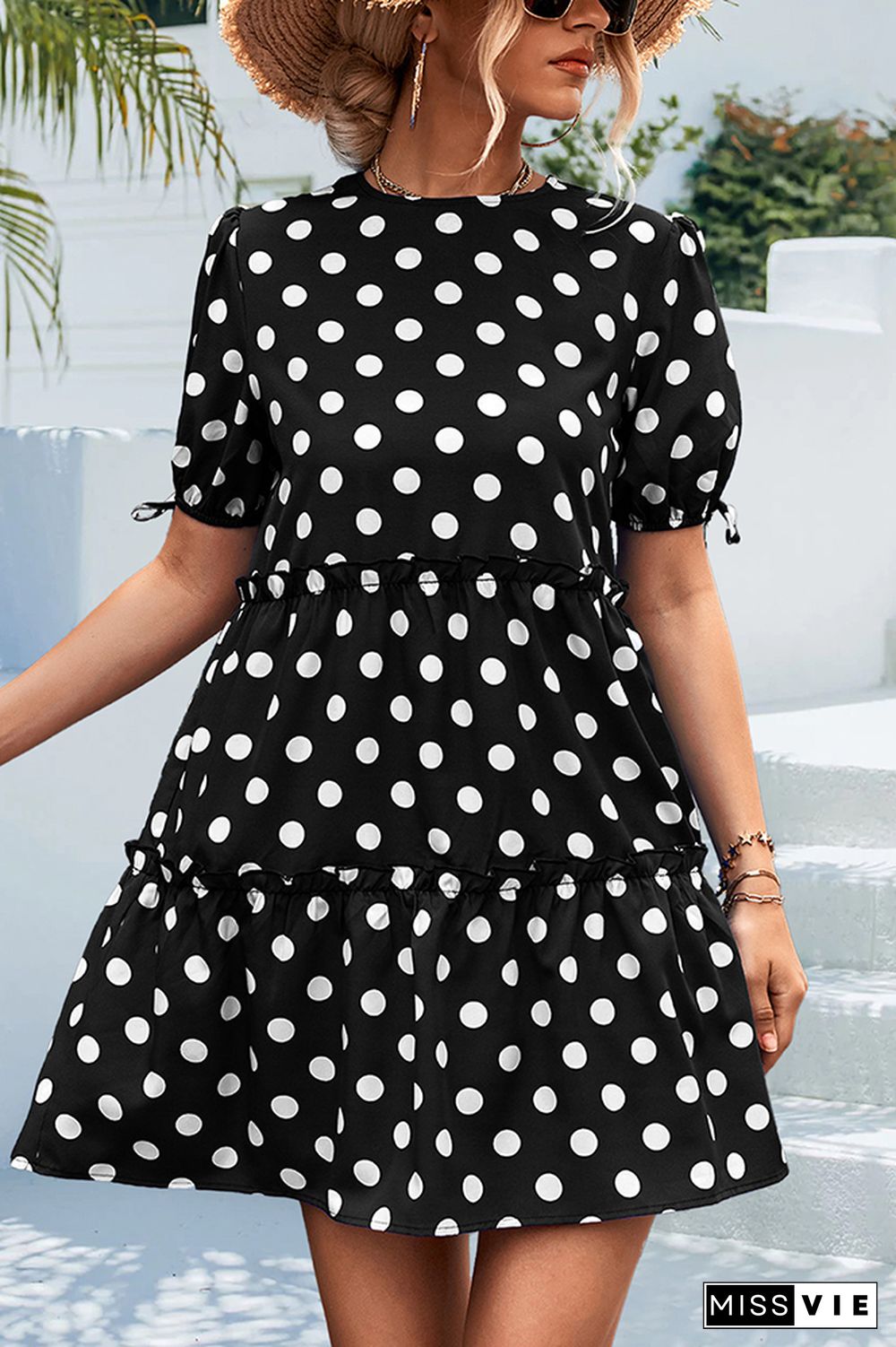 Polkadot Short Sleeves Splicing Ruffle Dress