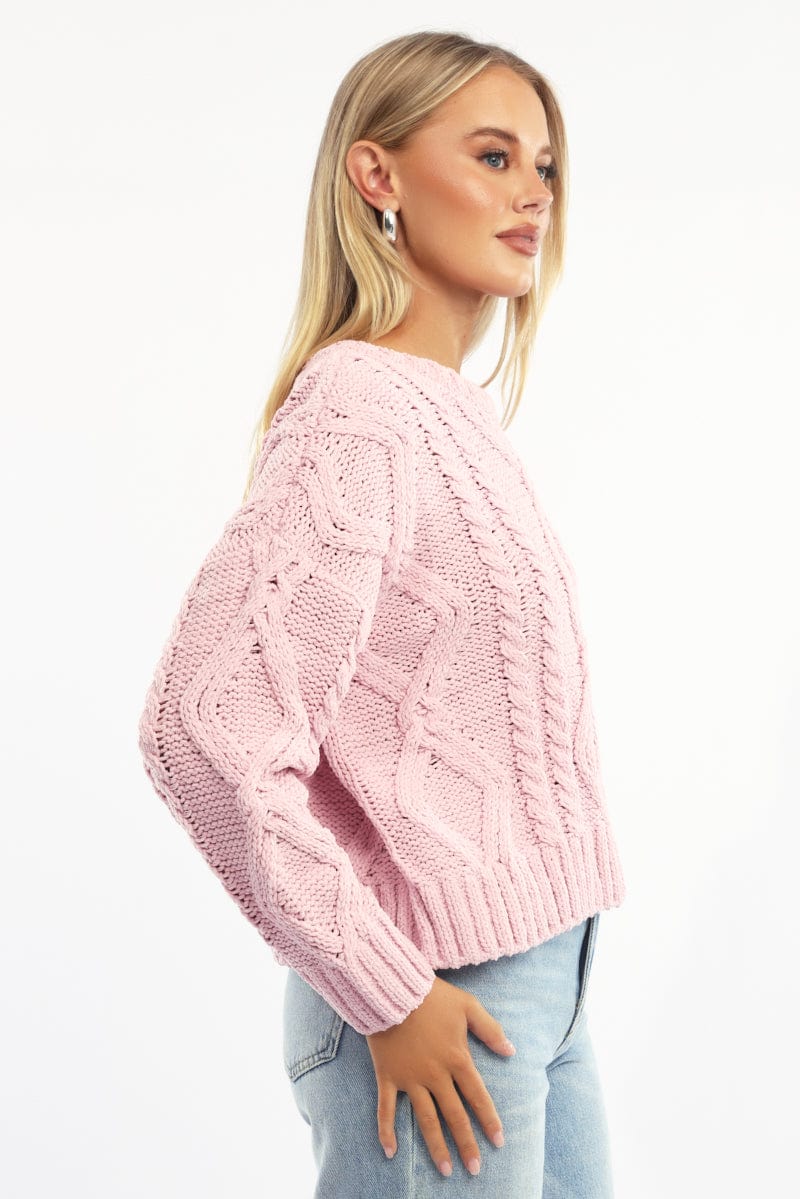 Pink Cable Knit Long Sleeve Crew Neck
