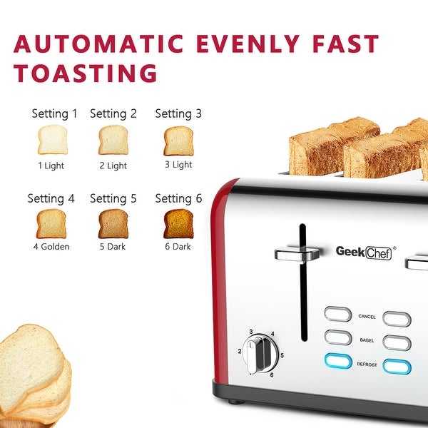 4 Slice toaster with 6 Bread Shade Settings， 4 Extra Wide Slots